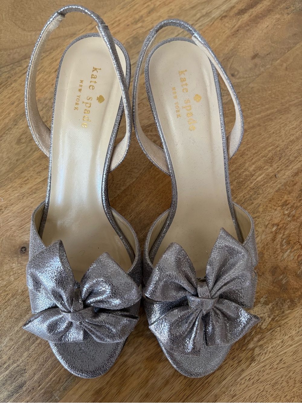 kate spade Metallic Silver Bow Slingback Kitten Heels